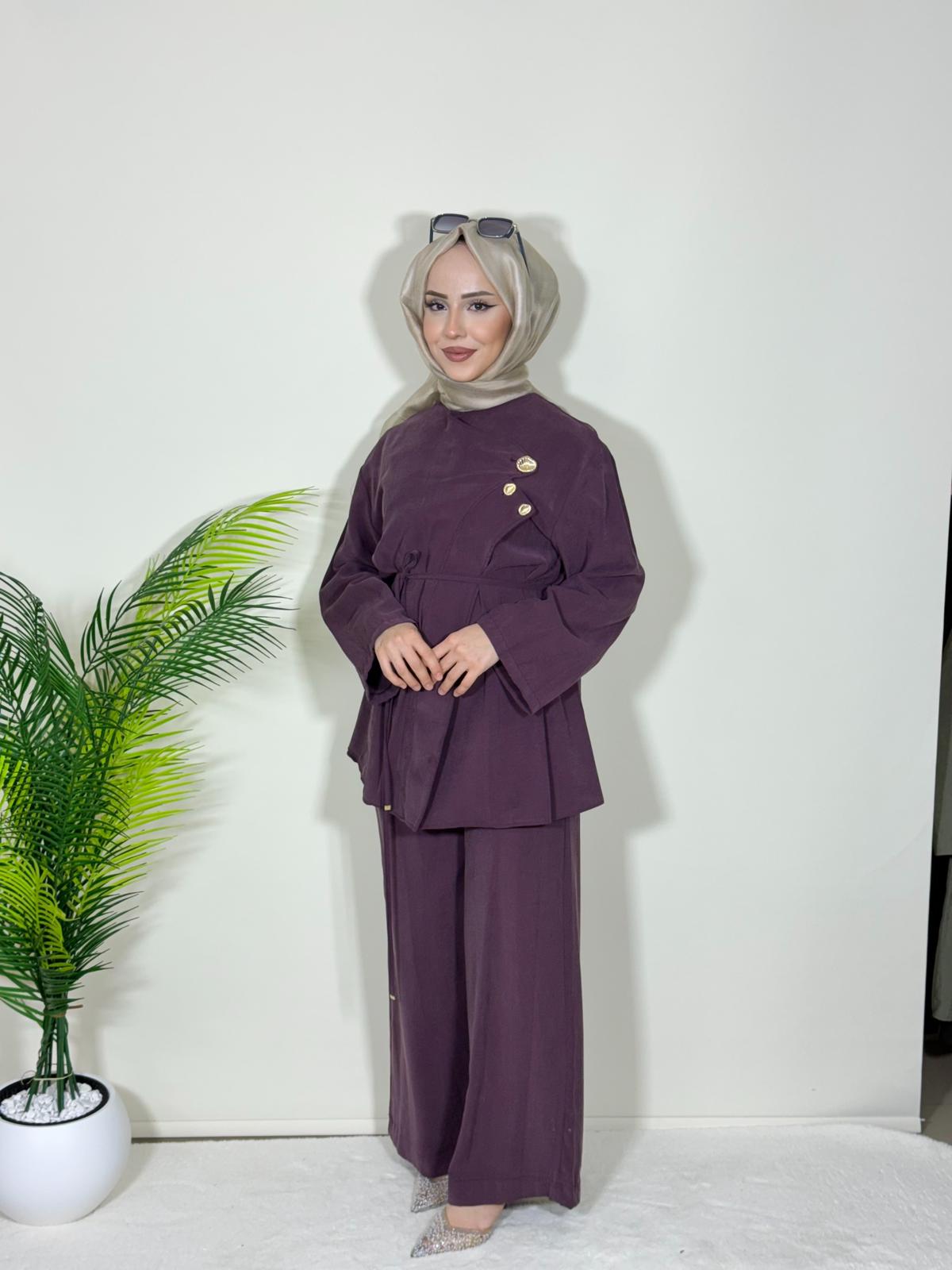 HEVES MODAL CUPRA BEL BAĞLAMA DETAYLI BASİC PANTOLONLU TAKIM resmi